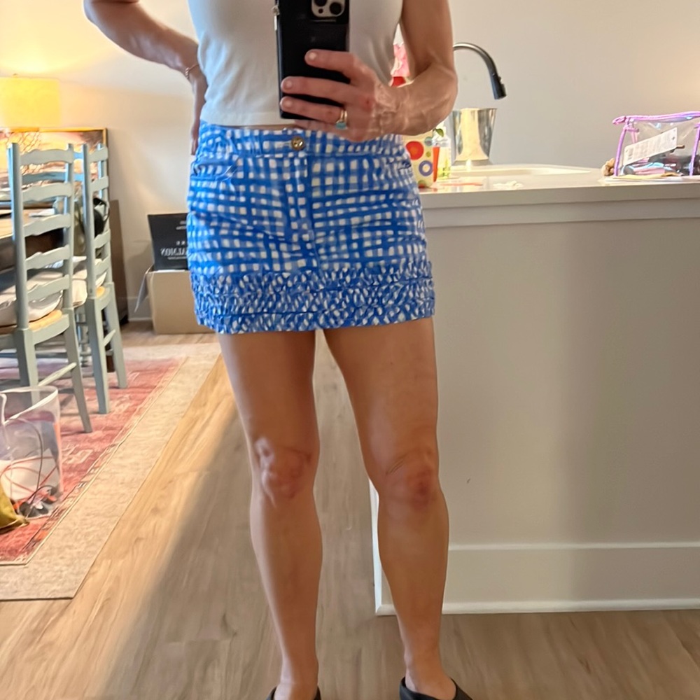 Lilly Pulitzer, gingham, blue and white ruffled hem mini skirt
